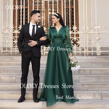 OLOEY Скромни изумрудено зелени копринени органза вечерни рокли Дубай арабски жени сватбено парти плюс размер V врата официални абитуриентски рокли