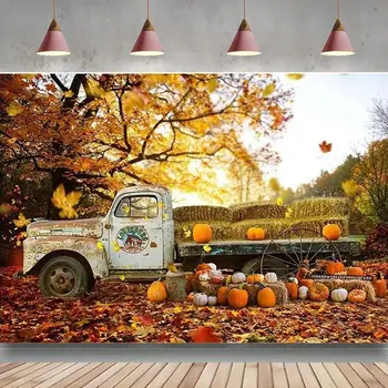 Есен Тиква камион фон реколта есен гора кленови листа фотография фон Ден на благодарността парти банер декорация