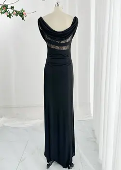 Черна мода елегантен V-Line яка без ръкави прост ежедневно парти може да покаже вечерна рокля пола M2159