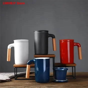 LMHBJY 450ml керамични голям капацитет чаша японски стил каменинови офис чаша с дървена дръжка подарък чаша с капак чай разделяне