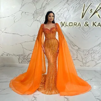 Оранжева рокля от мъниста русалка с нос шал 2023 فساتين مناسبة رسمية Арабски Дубай Луксозни вечерни парти рокли по поръчка