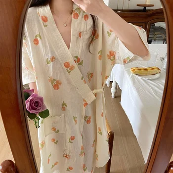 Лято чист памук марля нощница жени дантела флорални печатни нощница японски памук кимоно тънък халат пижама нощно облекло
