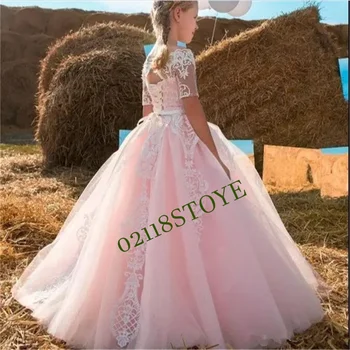 Цветни момичета рокли за сватби 3D флорални апликирани дантела малки деца първо причастие рокля евтини рокли