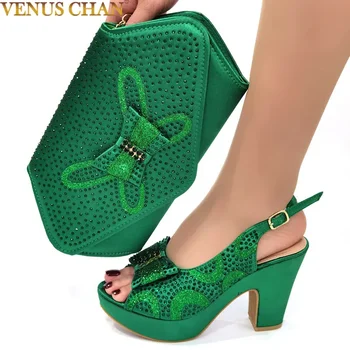 Нов идващ заострен пръст италиански дизайн италиански дамски обувки съвпадение чанти в зелен цвят за сватба нигерийски дамски сандали