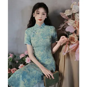 Yourqipao Green Old Shanghai Cheongsam 2023 Нови летни жени момичета китайски ханфу Tang костюм подобрени дълги вечерни рокли