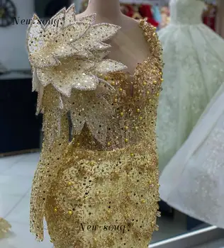 Арабско злато блясък дълги ръкави русалка вечерни рокли 3D листа дизайн кристали перли мъниста макси корсет пайети нощници