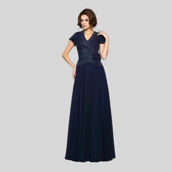 Тъмно синьо Майка на булката рокли A-линия V-образно деколте капачка ръкави шифон мъниста плюс размер дълъг младоженец майка рокли за сватба