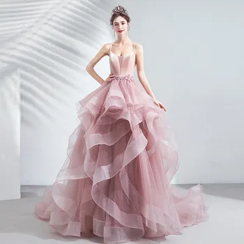 Розов Вечерна рокля нова булка сватба тост Suspender годишно парти дълго Облечи официална рокля жени Елегантни жени сватбени рокли