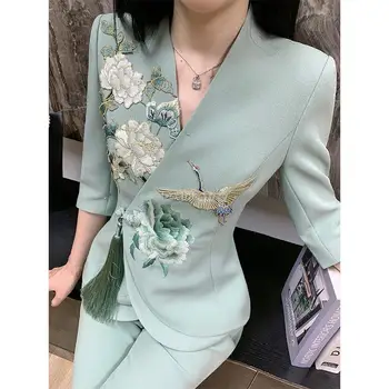 2023 ръчно бродирани китайски стил жени лято елегантен v-образно деколте половин ръкав отгоре широк крак панталони две части китайски костюм комплект s877