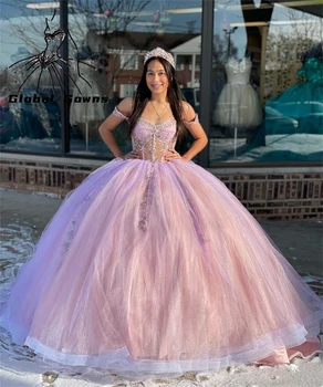 Принцеса розова от рамото топка рокля Quinceanera рокли за момичета мъниста знаменитост парти рокли апликации дипломиране vestido