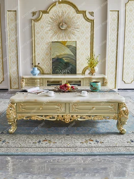 Европейски стил масивна дървена маса за чай Palace издълбани мрамор TV кабинет единица вила хол мебели комплект