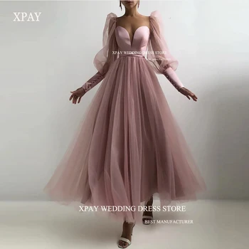 XPAY Прашни розови тюл дълги абитуриентски рокли бутер дълги ръкави копчета Скъпа глезена дължина арабски жени официално парти абитуриентски рокли