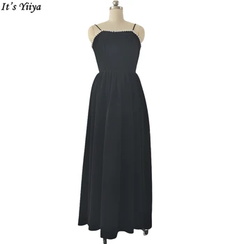 It's Yiiya вечерна рокля без ръкави етаж дължина черни перли без презрамки велур A-линия плюс размер жени парти рокли XE068
