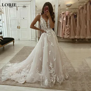 LORIE принцеса сватбени рокли тюл линия 3D дантела булката рокля V врата Boho сватбени рокли без ръкави 2022 парти рокля