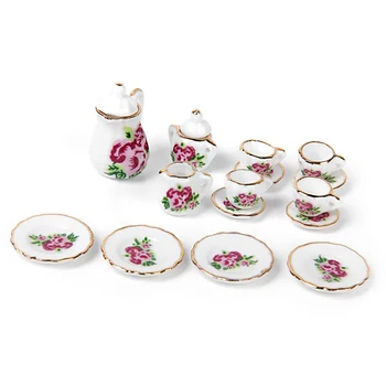 Ново 15 броя Порцеланов комплект за чай Къща за кукли миниатюрни храни Китайска чаша за ястия от рози