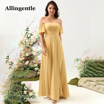 Allingentle шифон от рамото жълта дълга шаферска рокля A-Line дължина на пода страничен прорез елегантен вечерни официални рокли по поръчка