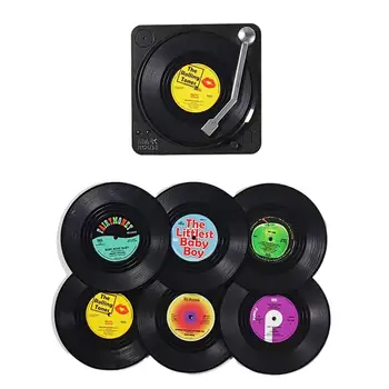 Творчески комплект от 6 винилови подложки за напитки Музикални подложки с винилов държач за грамофонни плочи Ретро рекорд диск увеселителен парк чаша подложка мат