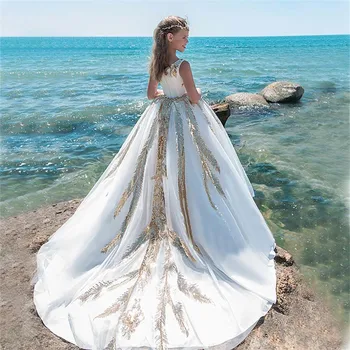 Луксозна рокля на момиче цвете бял пухкав тюл злато пайети сватба елегантен цвете дете първото причастие рожден ден рокля