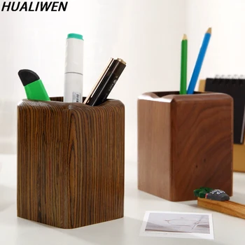  дървена канцеларска писалка притежател творчески офис консумативи бук писалка кутия декорация площад дървени десктоп съхранение писалка притежателя