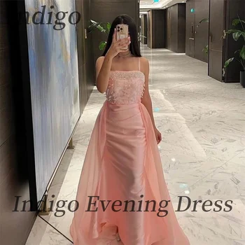 Индиго сатен абитуриентски рокли спагети русалка етаж дължина мъниста жени официален повод елегантна рокля 2024 вестидос де гала