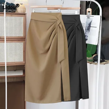 корейски случайни нередовни пачуърк тънък сплит пола дамско облекло мода всички мач женски A-линия плътен цвят чанта хип поли