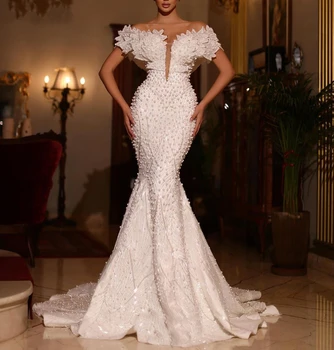 Елегантна русалка сватбена рокля перли мъниста от рамото булчински рокли v-образно деколте по поръчка Vestido De Novia