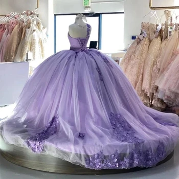 Мексикански люляк топка рокля Quinceanera рокли 3D апликации сладък 16 рокля мъниста vestidos де 15 Años абитуриентски конкурс облекло