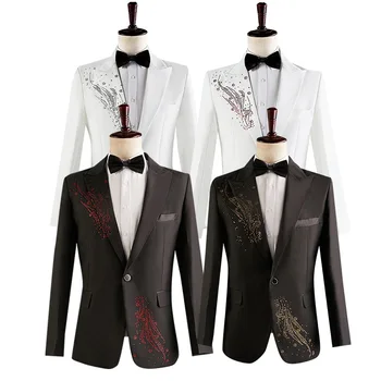 Diamond Trim Модни мъжки костюми 2 броя комплект черен бял един бутон най-добър мъж сватбено парти сцена домакин мъжки нетактичност панталони комплекти