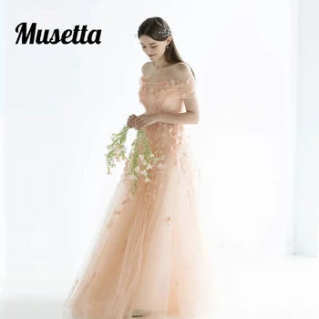 Musetta Модерни 3D апликации Абитуриентски рокли за момиче от рамото V-образно деколте Органза вечерни рокли A-Line Vestidos de Noche по поръчка