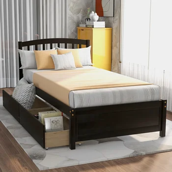 Twin платформа за съхранение легло дърво легло рамка с две чекмеджета и таблата, еспресо