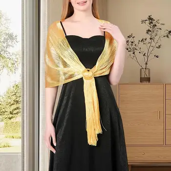 Дамски шал прозрачен пискюл тънък плътен цвят лек пенлив с катарама булка шаферка сватба вечерна рокля трябва