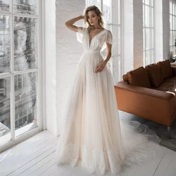 A-Line V-образно деколте капачка ръкав дантела сватбени рокли елегантен гръб тюл почистване влак булчински рокля vestidos de noiva
