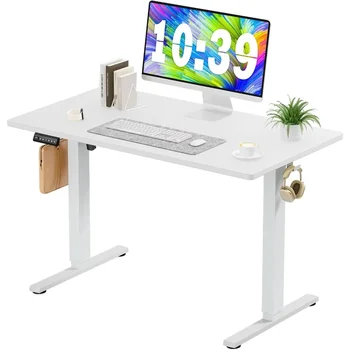 Компютърно бюро, регулируема височина вертикално офис бюро със снаждаща дъска, офис компютърно бюро с 2 куки и телени отвори