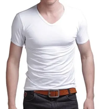 A2673 Лятна гореща продажба тениска нови мъжки V врата върховете тениска тънък годни къс ръкав плътен цвят случайни тениска