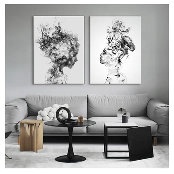 line стена изкуство Платно живопис отпечатъци Черно бяло Плакати за хол Минималистичен декор Ръчно рисувани абстрактни димни фигури