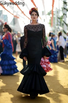 Секси русалка абитуриентски рокли дълги ръкави черен испански фламенко дантела илюзия окото ретро дворец рокля за жени парти рокли