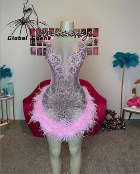 Pink O Neck къса абитуриентска рокля за черни момичета Кристал диамант рожден ден рокли сиви пера мини коктейл Homecoming