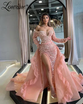 Розови мъниста пайети знаменитост рокля от рамото Дубай арабски вечерни рокли 2023 за жени сватбено тържество с подвижен влак
