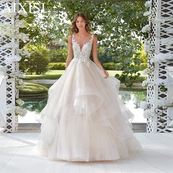 Сватбена рокля Illusion O Neck A-Line Sleeveless Open Back Tulle Bride Vestido Appliques Ruched Elegant Robe de mariee