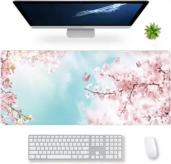 Разширена голяма геймърска подложка за мишка Dreamy Romantic Pink Sakura Butterflies XXL размер клавиатура мишка подложка за бюро 35.4 x 15.7inch