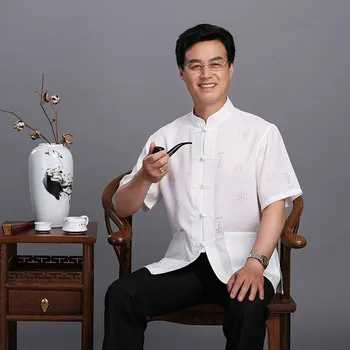 Нов висококачествен памучен лен Tang дрехи мъжки класически кунг-фу риза мъжки къс ръкав китайски стил бутон костюм новост