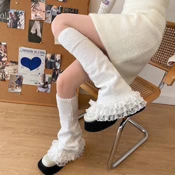 Реколта дантела крак нагреватели сладък японски крак над коляното чорапи зимата топло плета Y2K крак покрива Harajuku обувка маншети JK Лолита чорап