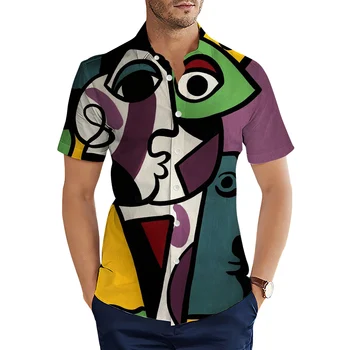 HX Мъжки ризи Модна илюстрация Арт принтирани ежедневни ризи Лятна ревер едноредна риза Хип-хоп върхове Мъжко облекло