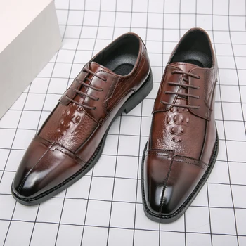 Мъжки кафяв бизнес Официални дерби обувки Сватба Мъжки обувки Мода Класически обувки Оксфорд Крокодил модел Банкетна рокля обувки