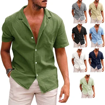 Лято Нова мъжка небрежна блуза в плътен цвят памучен лен къс ръкав риза хлабав жилетка върховете удобен дишаща плаж мъжки риза