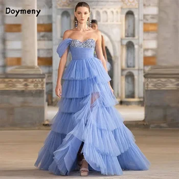 Doymeny Sequined Sweetheart A-line Prom Dresses Split Tiered Tulle Evening Dress Party Gowns vestidos de noche فساتين الس
