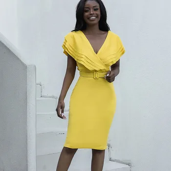 Жълт гръб мини рокля жени пластове къдрици V врата без ръкави лято секси африкански женски нощен клуб Bodycon рокли Вестидос