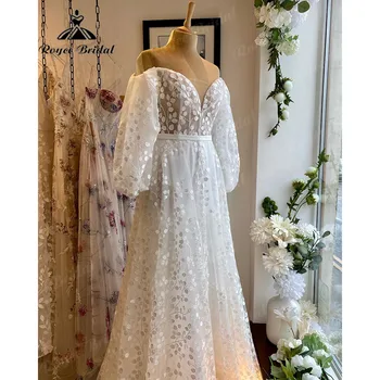 Елегантна бутер за рамо дълъг ръкав пълна дантела V врата сватбена рокля за жени 2024 булчинска рокля по поръчка vestido de novia