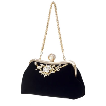 Женски диамант перла чанта реколта кристал цвете вечерна чанта сватбено парти булката съединител чанта чанта (черен)