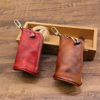 Мъже Кожена чанта за ключове Държач за ключодържател Мода Ретро цип Чанта за съхранение на дома Двойна ключодържателка за кола Чанта за ключове за мъже